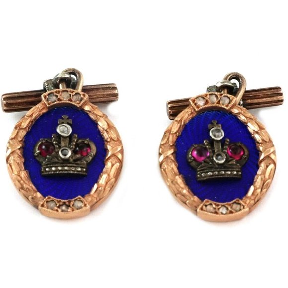 Old Russian Ruby Enamel 18k Rose Gold Cufflinks - Picture 1 of 5
